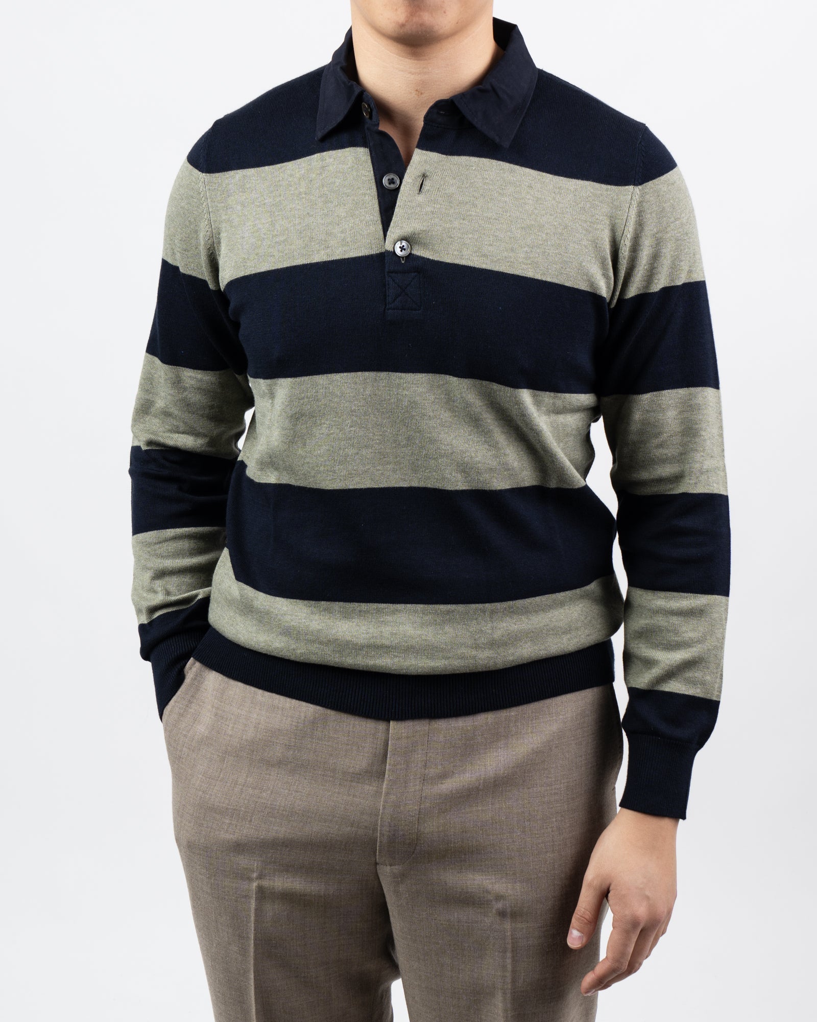 BELVET Striped Rugby Shirt 即完品 Mens Sewn Stripe Striped Cotton BURGUNDY BLUE or WHITE Casual