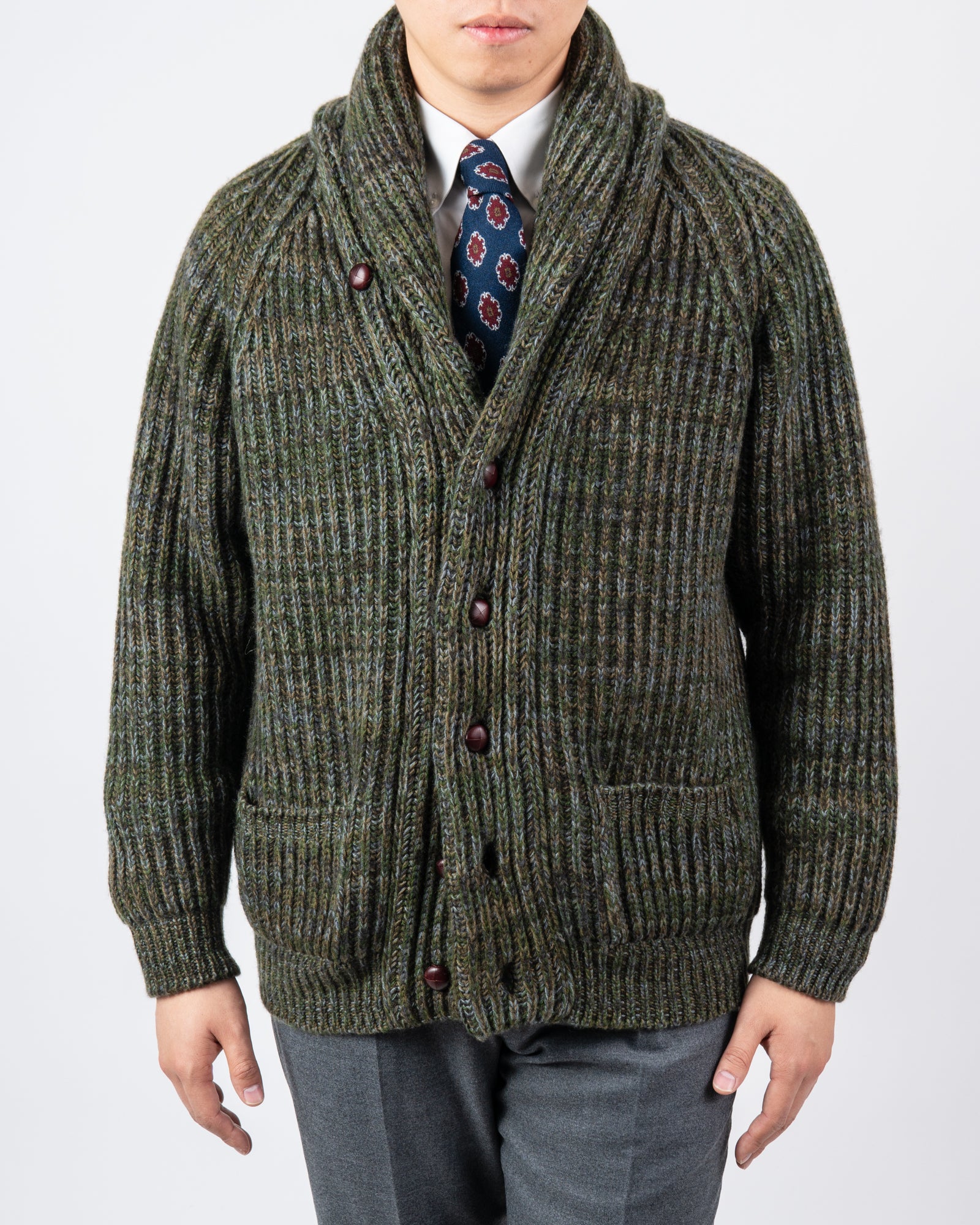 Green Fern Chunky Cashmere Shawl Cardigan Sweater