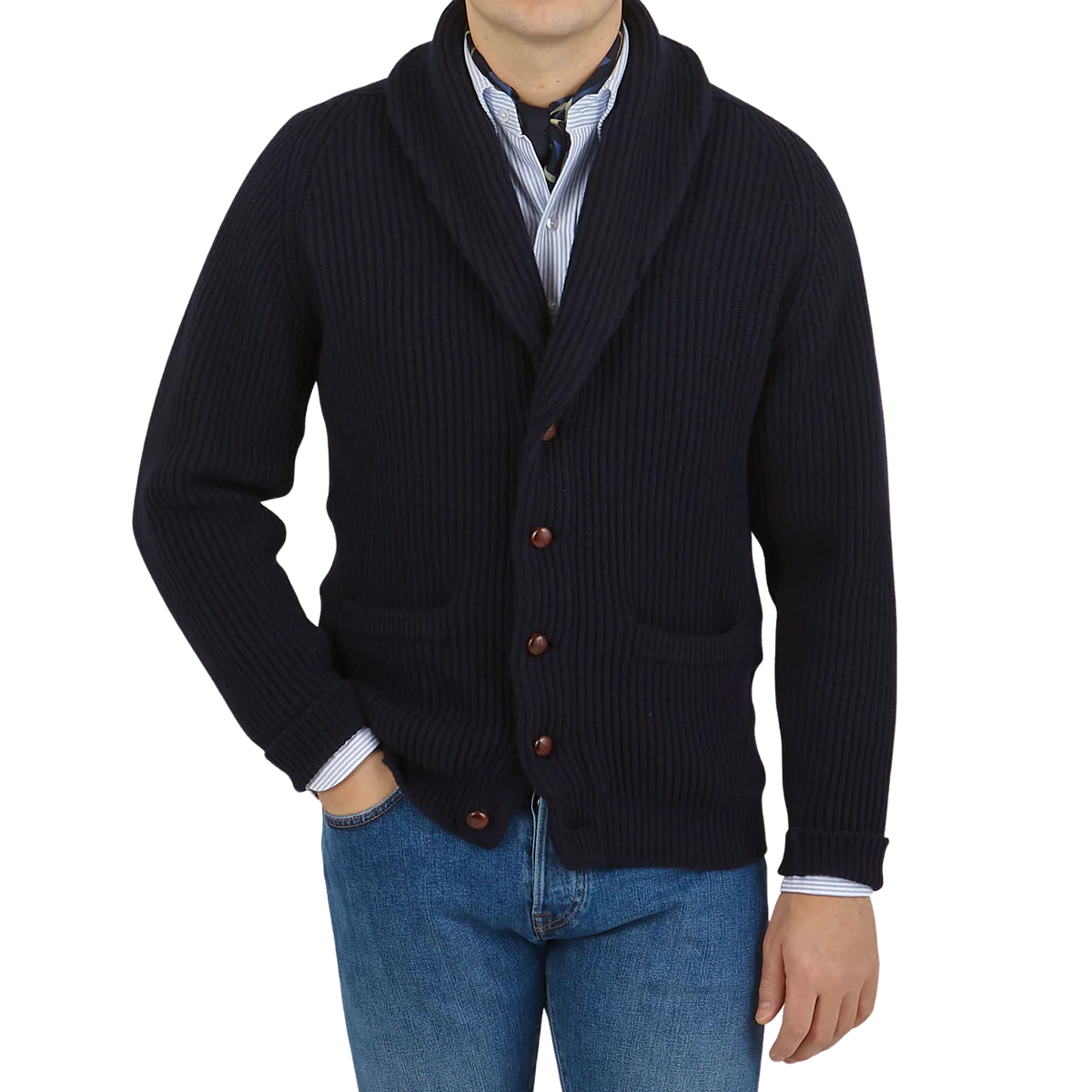 WILLIAM LOCKIE ネイビー カーディガン William Lockie x Julian's Cashmere Chunky Shawl Cardigan